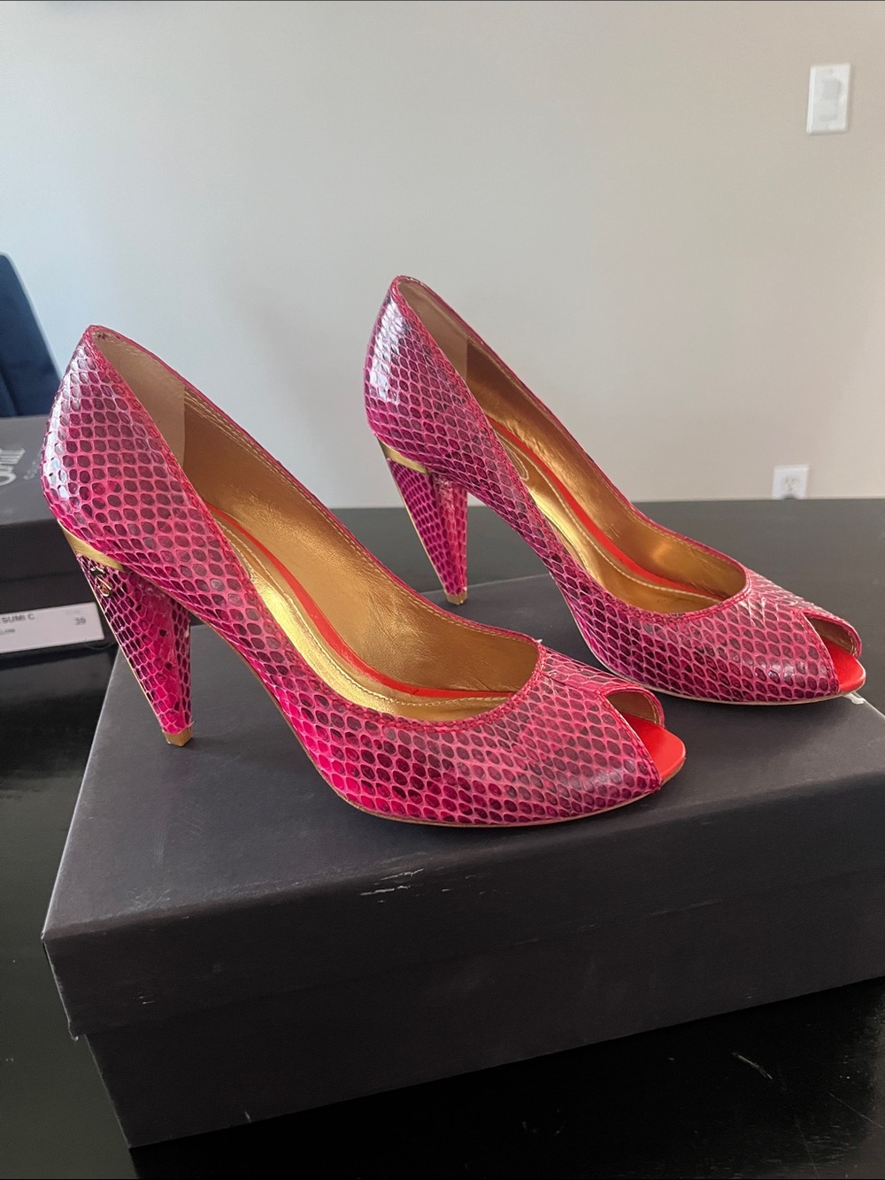 Pink Snake-Print Peep-Toe High Heels